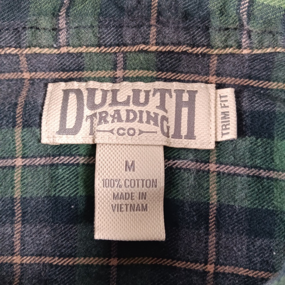 Duluth Trading Co Flannel Shirt Mens Medium Green Black Plaid Trim Fit Cotton - Picture 3 of 7